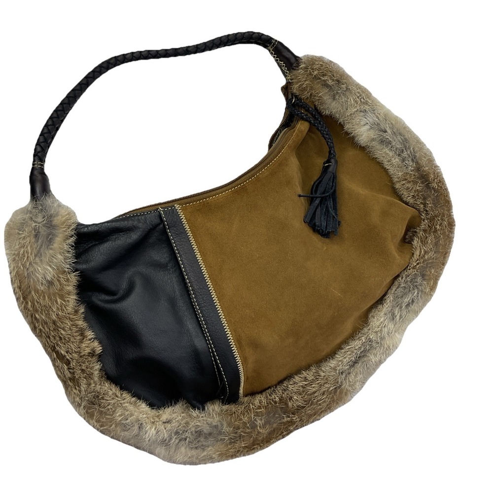 Maxx New York Purse Hobo Brown Leather Suede Fur Bag Shoulder Leather